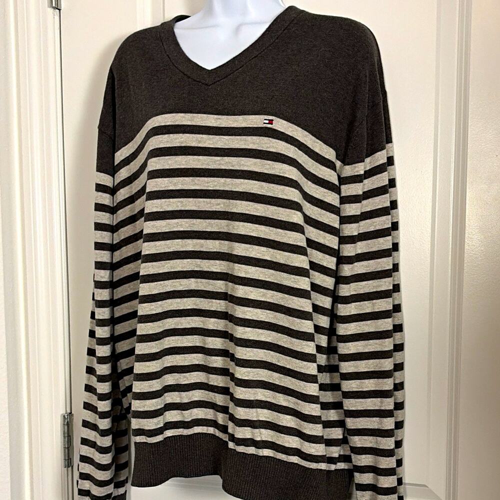Tommy Hilfiger Striped V-Neck Knit Pullover Sweater 2XL Green Cotton Logo